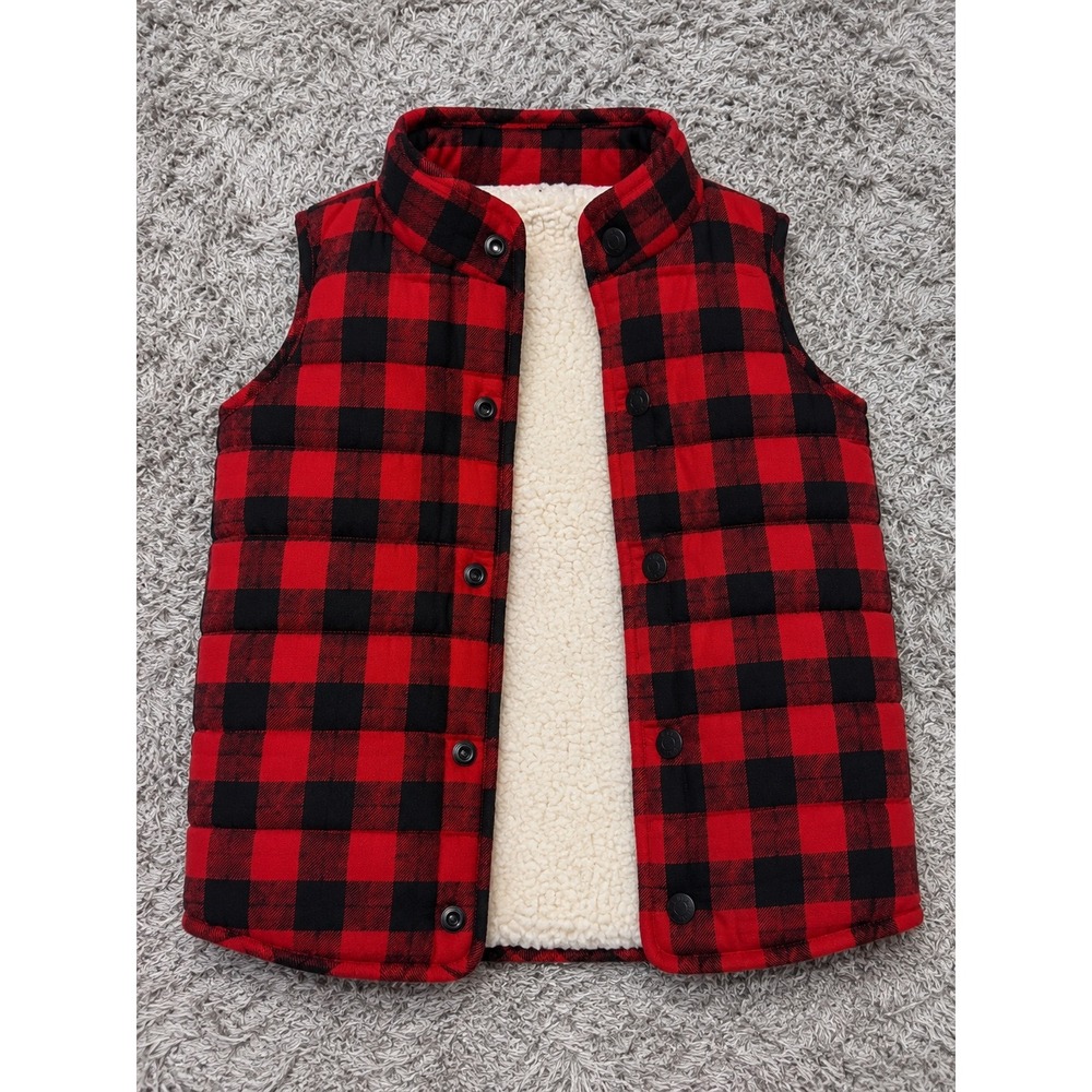 Mud Pie Kids Red Black Buffalo Plaid Sherpa Lined Puffer Vest Large 4T 5T